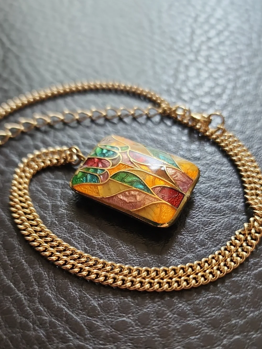 Multicolor Enamel Mosaic Pendant Necklace in Gold Tone